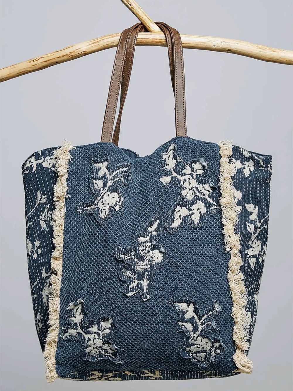 POL denim floral fringe quilted patchwork cotton embroidered love boho tote bag - Picture 2 of 5